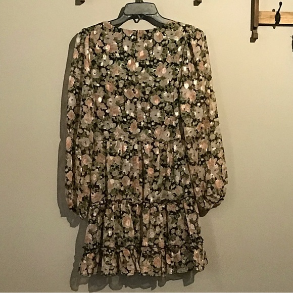 NWT Lush Black & Coral Floral Ruffle Mini Dress w/Sheer Puff Long Seeves Sz S,M - Picture 5 of 8